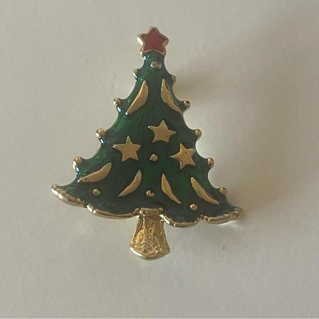 Aai, Vtg Women's Green, Gold & Red Christmas Tree Brooch Pin, Size 1 3/4